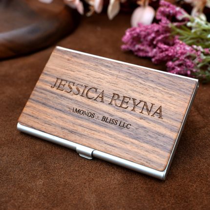Metal & Walnut Business Card Holder - Personalized Engraved Logo for Professional Presentation